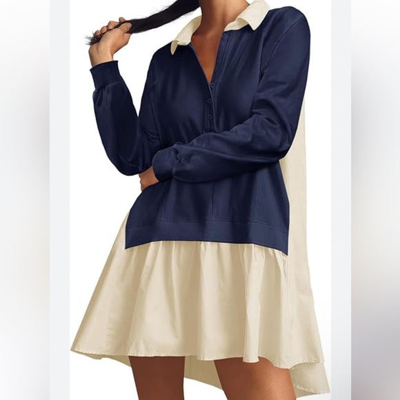 Navy Blue Top with Cream Ruffle Hem Dress - Picture 2 of 6